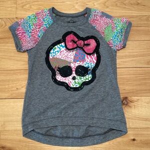 Monster High Gray Tee with Colorful Skull and Bow Graphic